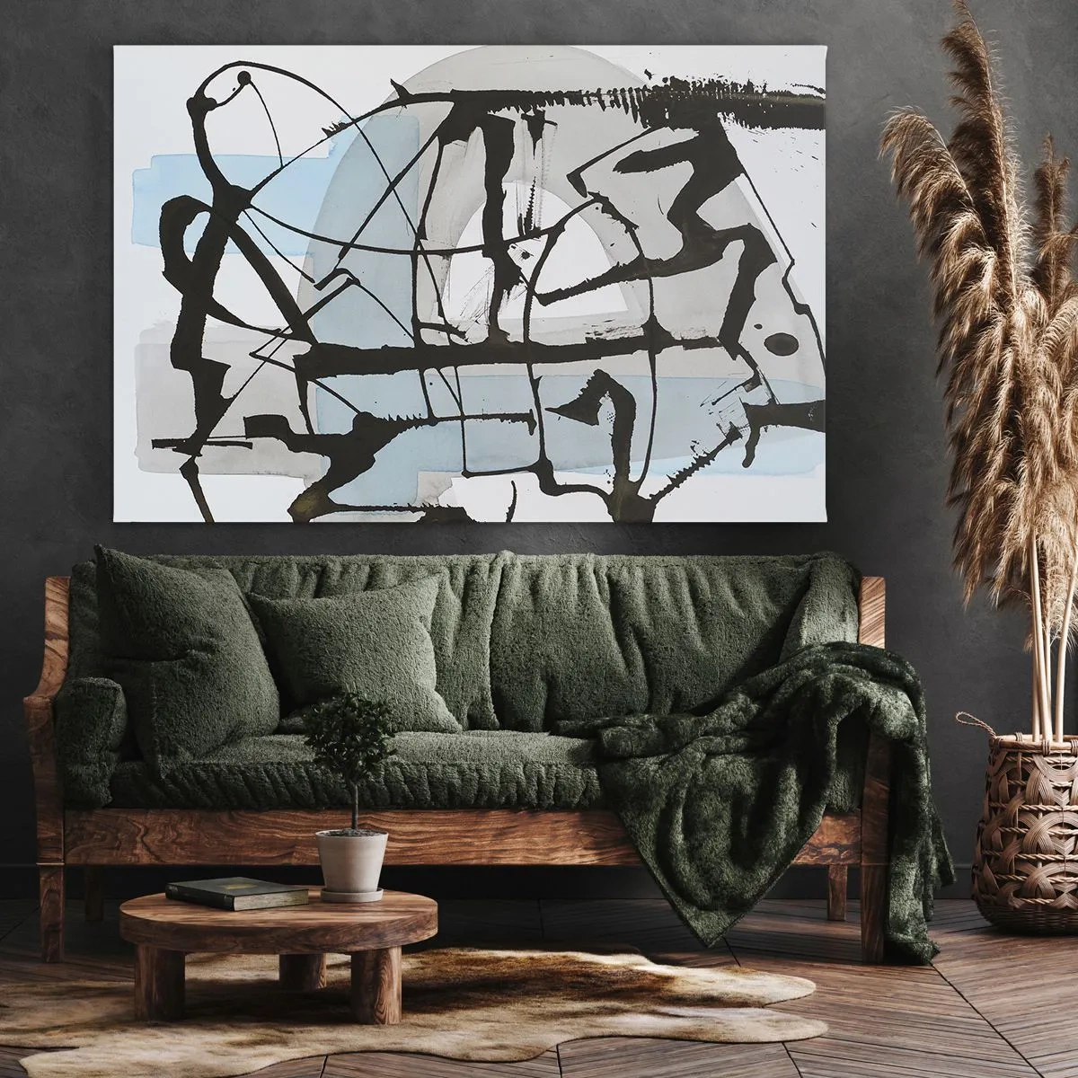 Lærredstryk - Billede på lærred - Abstrakte linjer og former i blåt og sort - 70x50cm - Ikke desto mindre blå - Moderne vægdekoration til stue og soveværelse ARTTOR