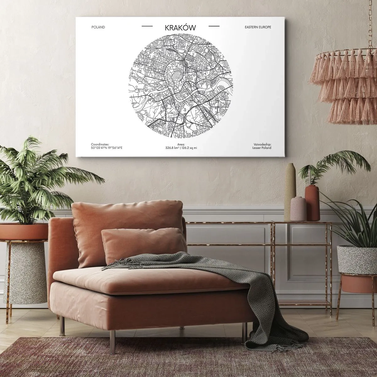 Lærredstryk - Billede på lærred - Et kort over Krakow i minimalistisk stil - 70x50cm - Krakows anatomi - Moderne vægdekoration til stue og soveværelse ARTTOR