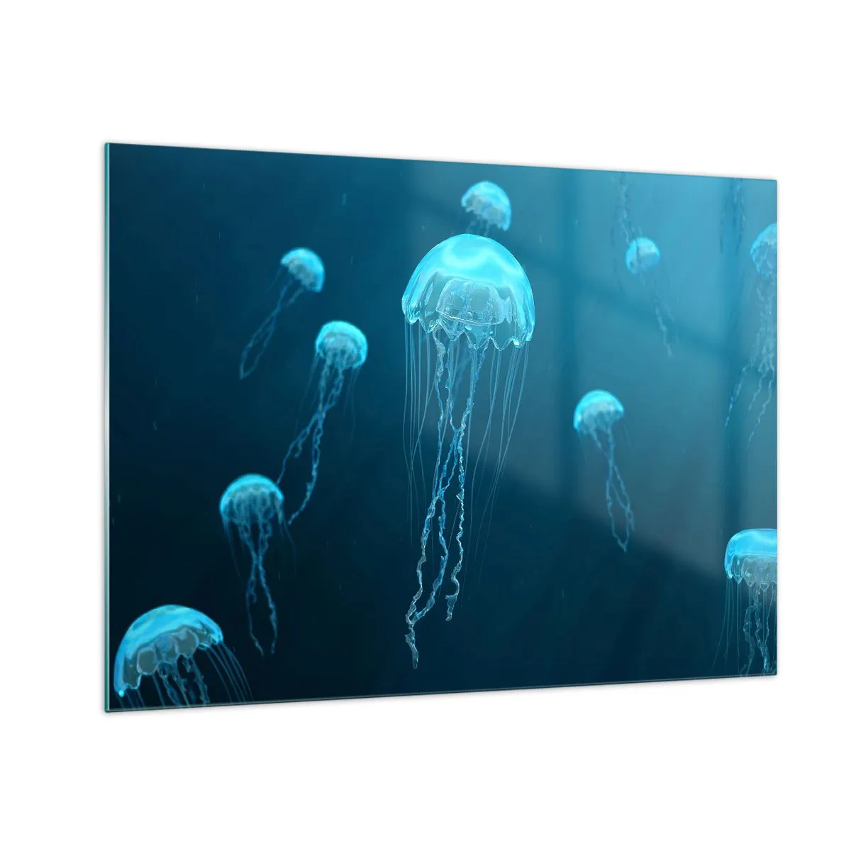 Billede på glas - Vandmænd flyder i det dybblå hav - 70x50cm - Havets dans - Moderne vægdekoration til stue og soveværelse ARTTOR