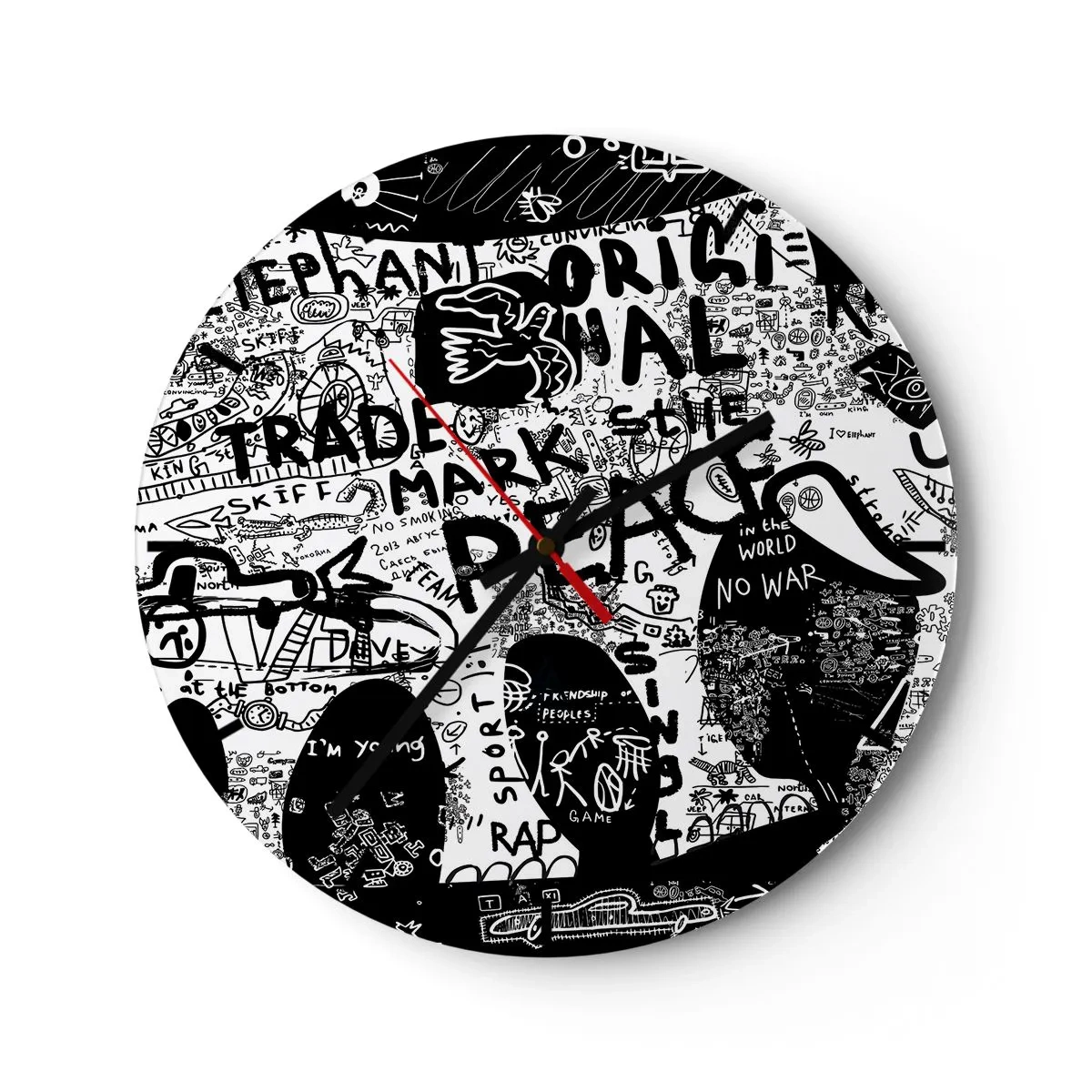 Vægur, Uret - Kunstnerisk graffitimotiv i sort-hvid - 30x30cm - Gadens rige verden - Moderne vægdekoration til stue, køkken og soveværelse ARTTOR