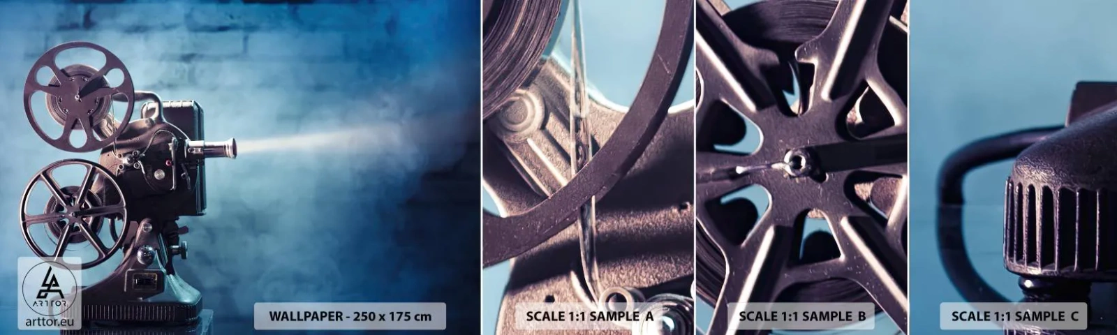 Prøve Fototapet Selvklæbende Deluxe Sticker - I en gammel biograf - Filmprojektor, Årgang, Kamera - 100x30 cm