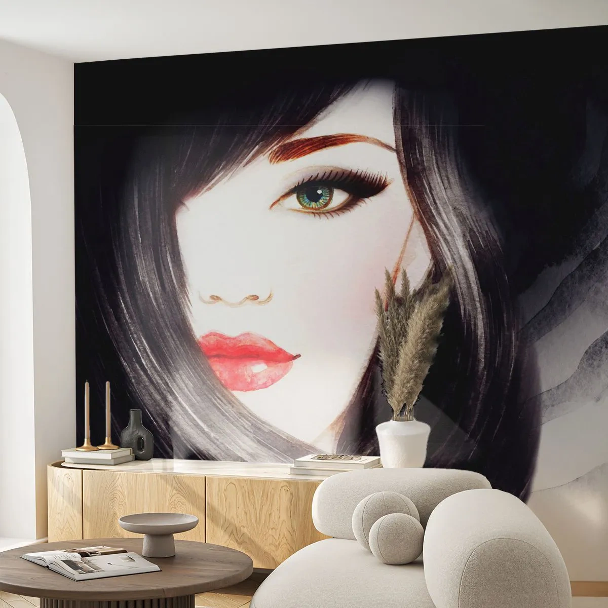 Fototapet Premium Canvas - Safir blik - Kvindens ansigt, røde læber, Grønne øjne - 100x70 cm