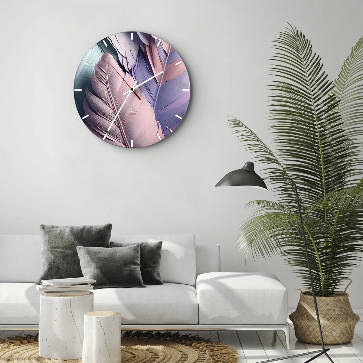 Vægur, Uret - Farverige fjer i pastelfarver på uret - 30x30cm - Chik fugl - Moderne vægdekoration til stue, køkken og soveværelse ARTTOR