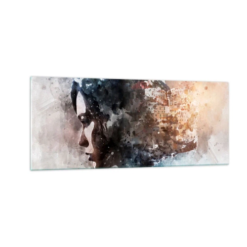 Billede på glas - Historien om en pige med en by i baggrunden - 100x40 cm