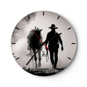 Vægur, Uret - En cowboy, der fører sin hest i morgentågen - 30x30cm - En morgen i Texas - Moderne vægdekoration til stue, køkken og soveværelse ARTTOR