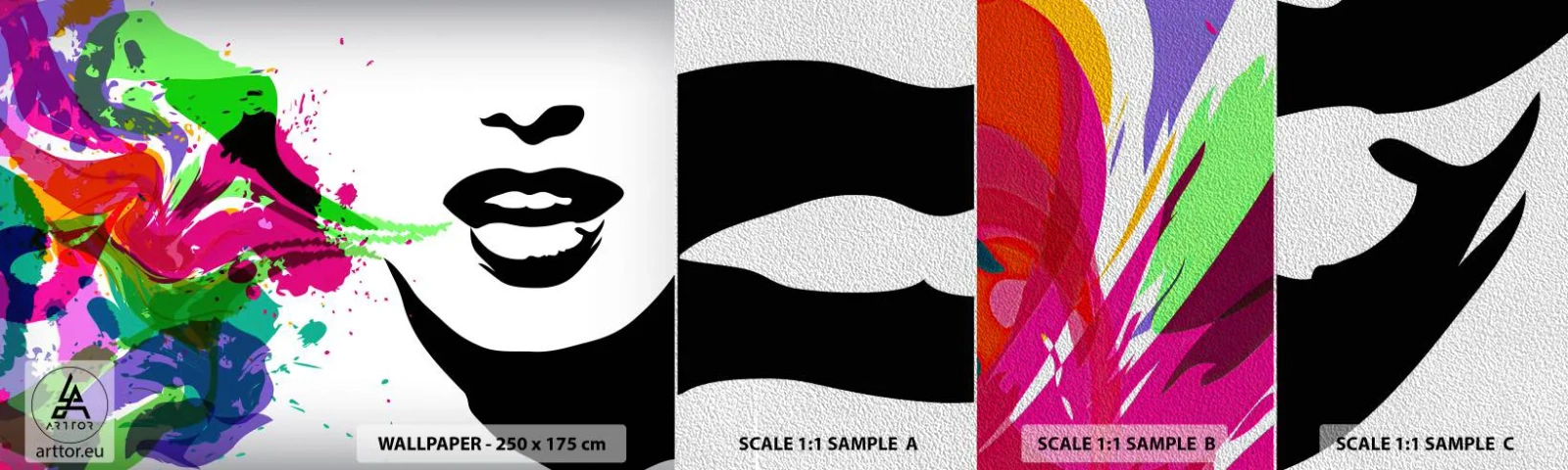 Prøve Fototapet Premium Sand - En historie i alle regnbuens farver - Abstraktion, Mund, Farverig grafik - 100x30 cm