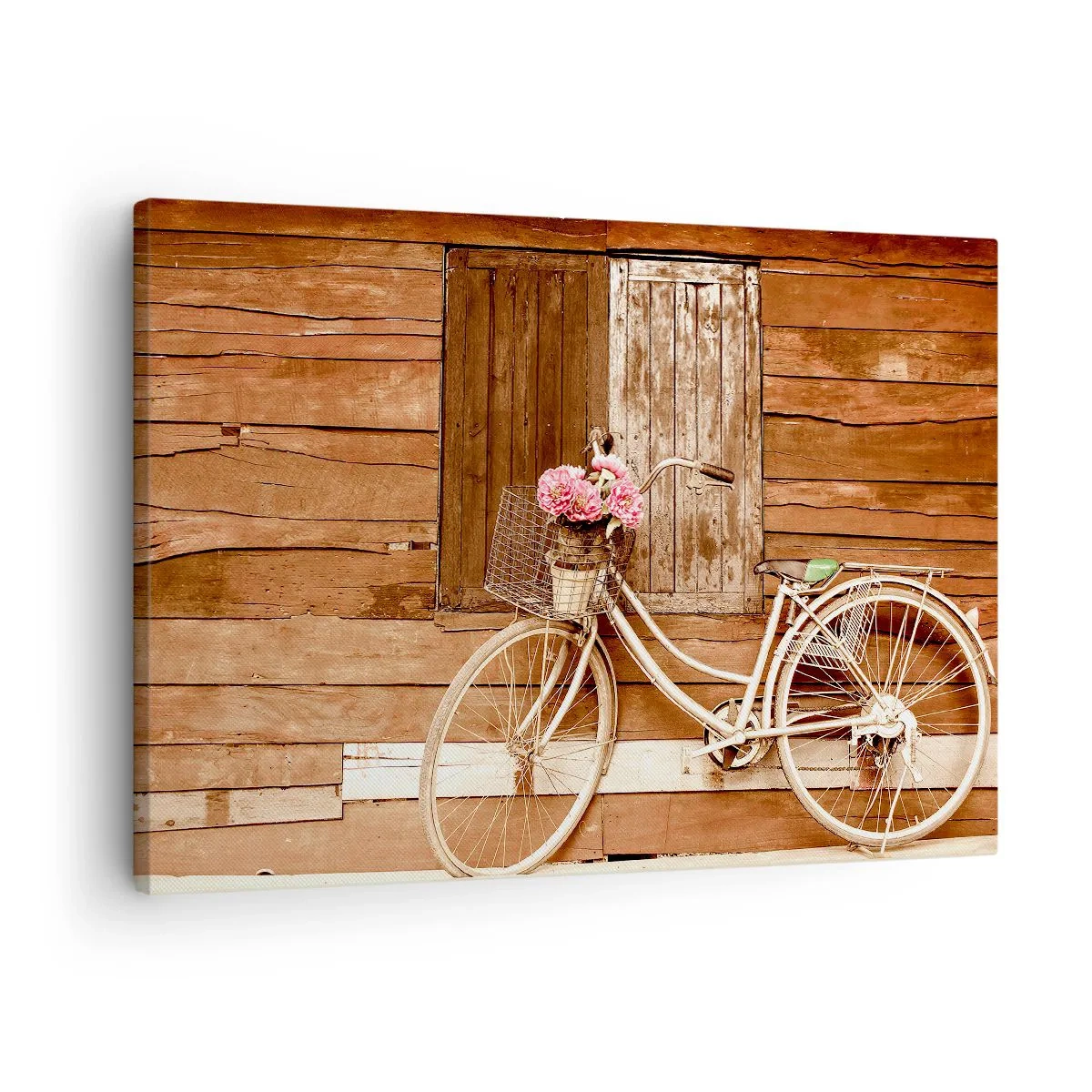 Lærredstryk - Billede på lærred - En cykel med en kurv fuld af roser mod en trævæg - 70x50cm - Jeg vender tilbage om lidt - Moderne vægdekoration til stue og soveværelse ARTTOR