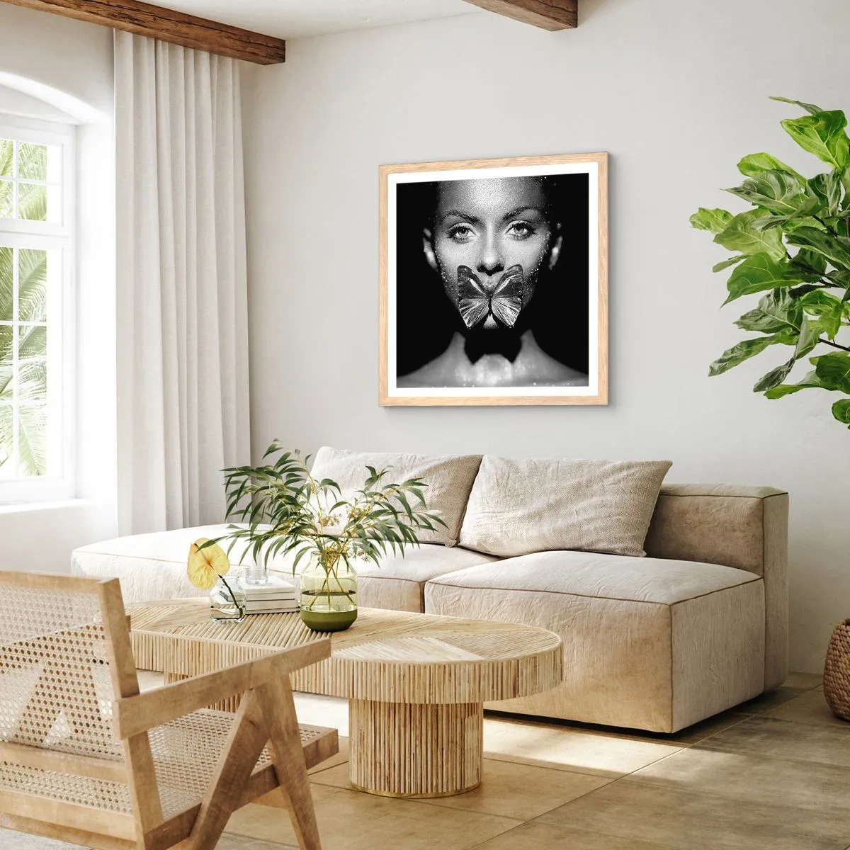 Plakat i ramme af lyst egetræ - Sommerfuglekys - 30x30 cm