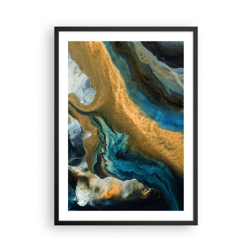 Plakat i sort ramme - En abstrakt komposition i nuancer af guld og blå. - 50x70cm - Blå - gul - gensidig indflydelse - Moderne vægdekoration til stue og soveværelse ARTTOR