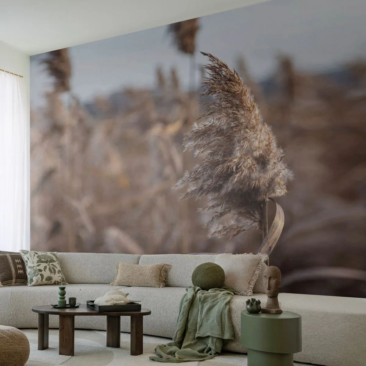 Fototapet Premium Sand - Tid til at flyve væk med vinden - Eng, Pampas græs, Natur - 100x70 cm