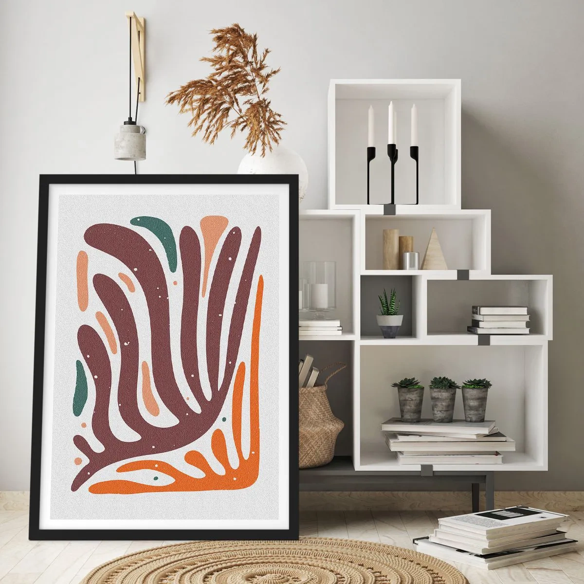 Plakat i sort ramme - Organisk abstraktion i varme nuancer af brunt og orange - 50x70cm - Strålende organisk komposition - Moderne vægdekoration til stue og soveværelse ARTTOR