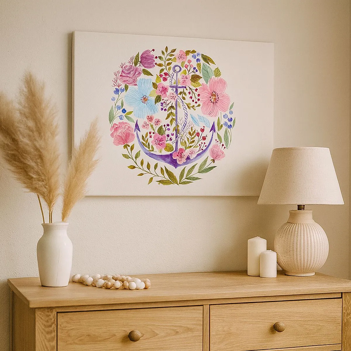 Lærredstryk - Billede på lærred - Et anker omgivet af akvarelblomster på en lys baggrund - 70x50cm - En sømands gode nattesøvn - Moderne vægdekoration til stue og soveværelse ARTTOR