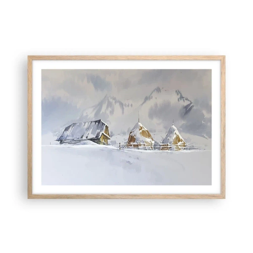 Plakat i ramme af lyst egetræ - I en sneklædt dal - 70x50 cm