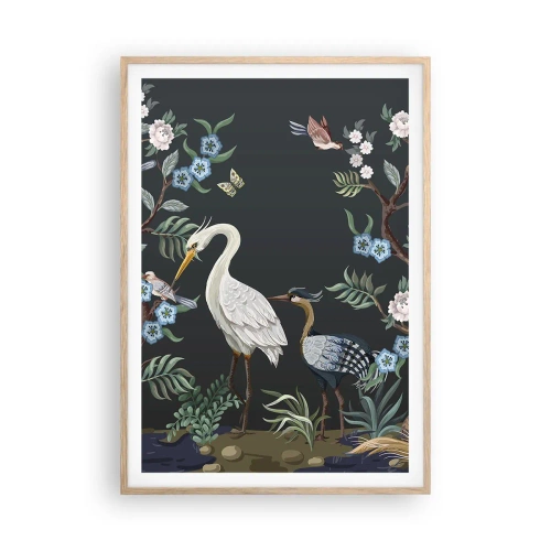 Plakat i ramme af lyst egetræ - Fugleparade - 70x100 cm