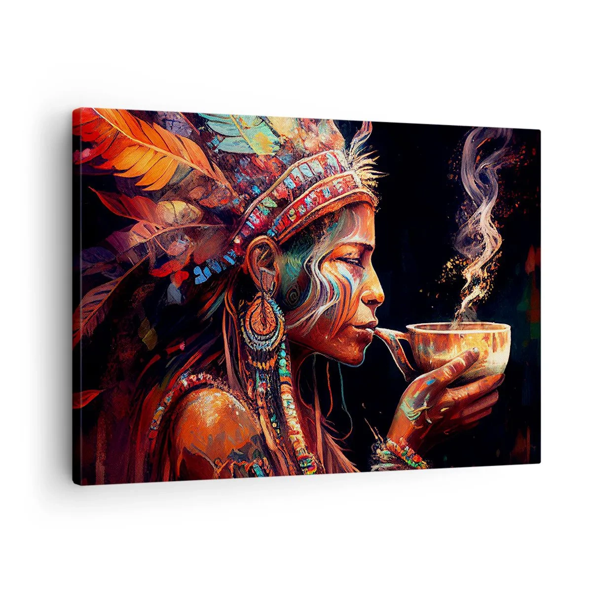 Lærredstryk - Billede på lærred - En farverig figur i etnisk stil med en kop dampende drik - 70x50cm - Et magisk ritual - Moderne vægdekoration til stue og soveværelse ARTTOR