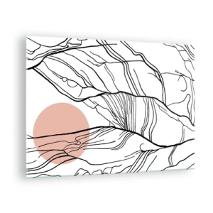 Billede på glas - Skyggefulde grenrækker med en beige sol - 70x50cm - I et netværk af kviste - Moderne vægdekoration til stue og soveværelse ARTTOR