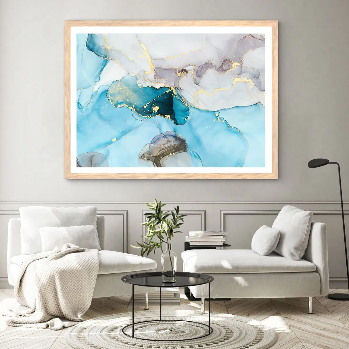 Plakat i ramme af lyst egetræ - En undersøgelse af mødet mellem grå og turkis - 50x40 cm