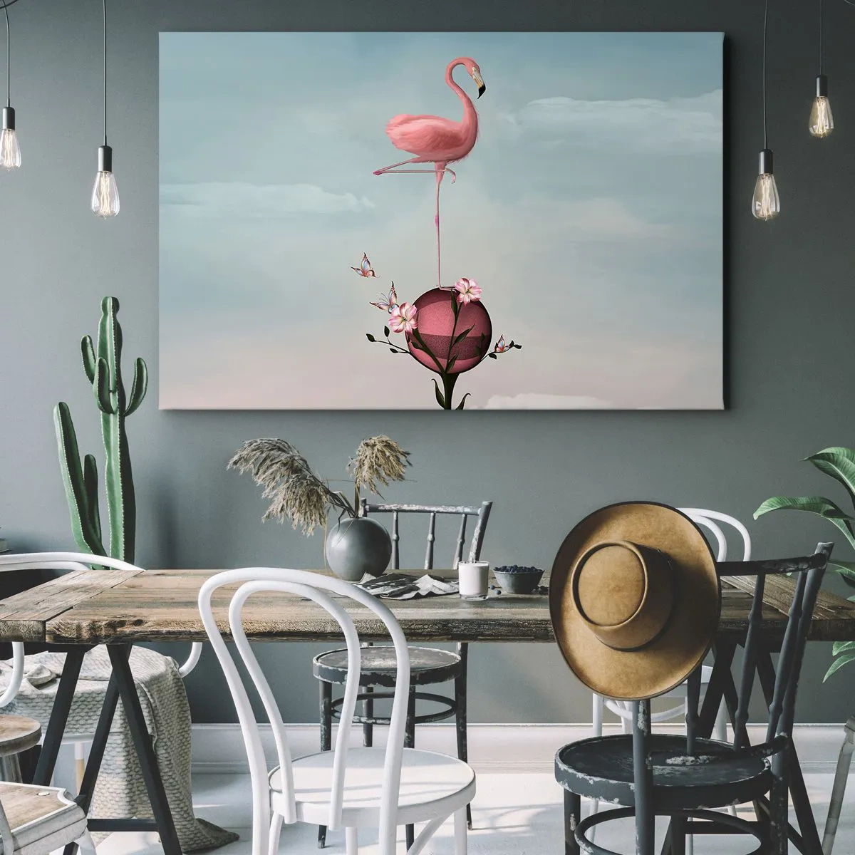 Lærredstryk - Billede på lærred - En lyserød flamingo balancerer på en blomsterkugle - 70x50cm - Basketball allegori - Moderne vægdekoration til stue og soveværelse ARTTOR