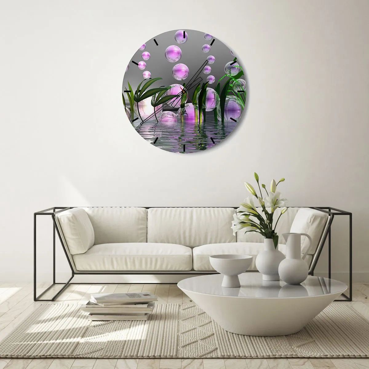 Vægur, Uret - Abstrakte bobler i vand med grønne planter - 30x30cm - En reflekterende komposition af lethed og liv - Moderne vægdekoration til stue, køkken og soveværelse ARTTOR