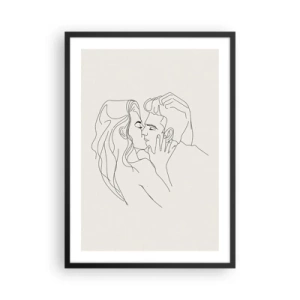 Plakat i sort ramme - En minimalistisk tegning af et forelsket par i fine linjer. - 50x70cm - Forviklet i følelser - Moderne vægdekoration til stue og soveværelse ARTTOR