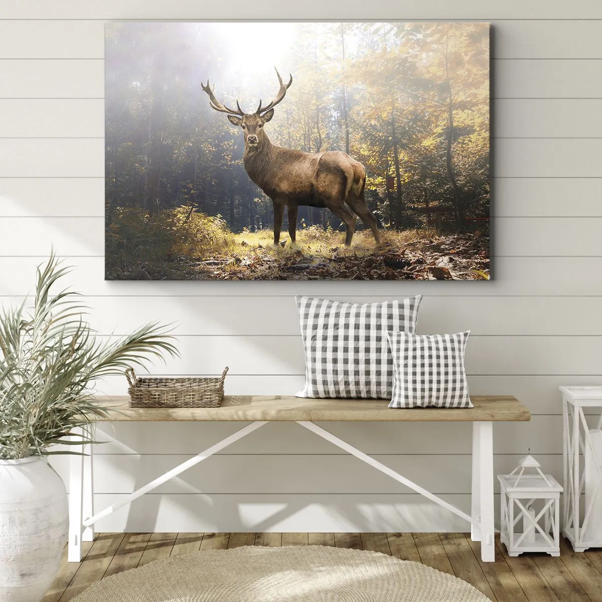 Lærredstryk - Billede på lærred - Hjorte i efterårsskoven med solstråler - 70x50cm - I fuld majestæt - Moderne vægdekoration til stue og soveværelse ARTTOR