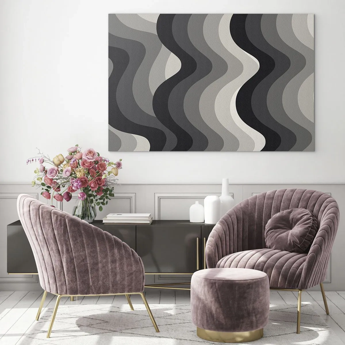 Billede på glas - Bølger i grå nuancer skaber et rytmisk, geometrisk mønster - 70x50cm - Bølge efter bølge - Moderne vægdekoration til stue og soveværelse ARTTOR