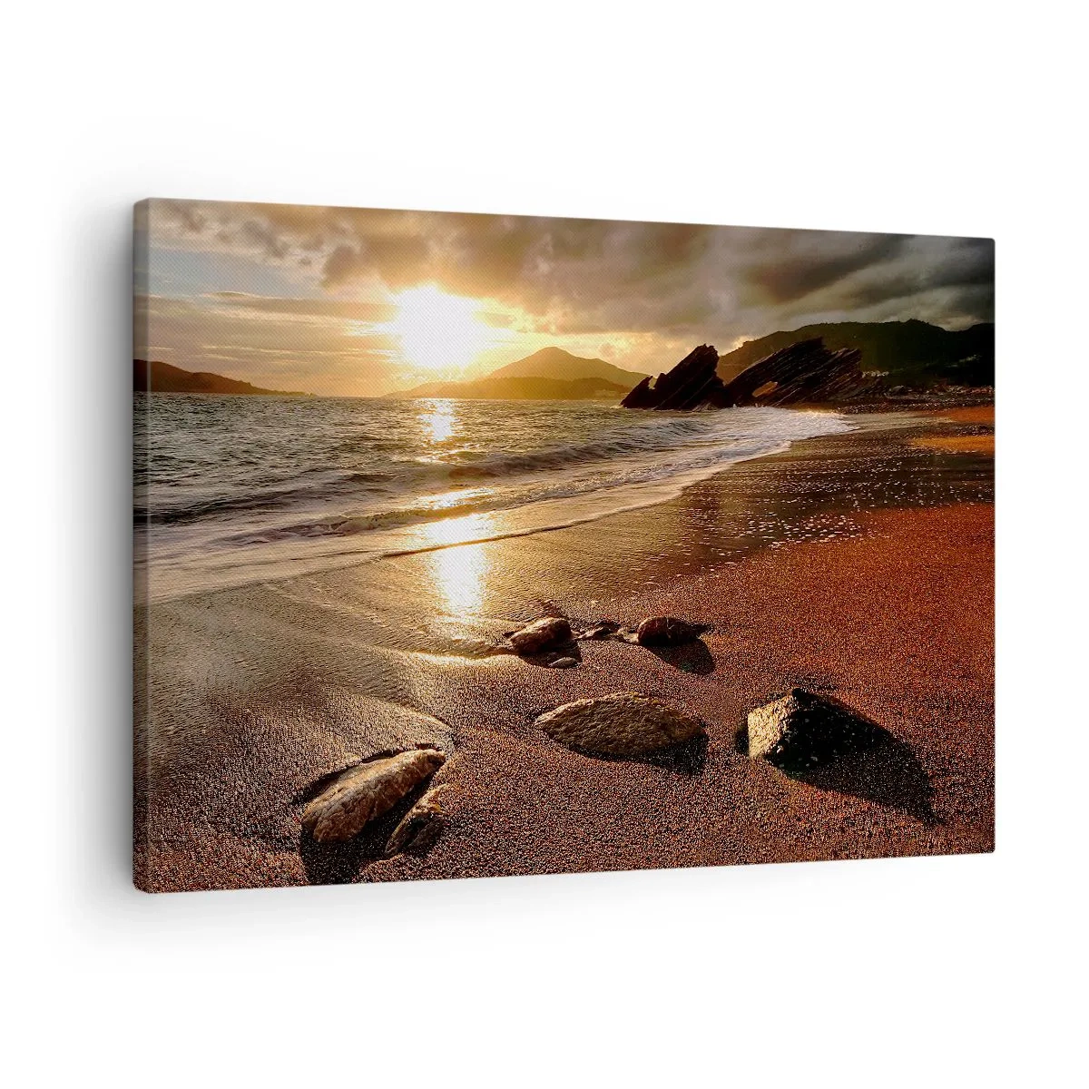 Lærredstryk - Billede på lærred - Strand ved solnedgang med sten på kysten - 70x50cm - Følg solen til bjergene - Moderne vægdekoration til stue og soveværelse ARTTOR
