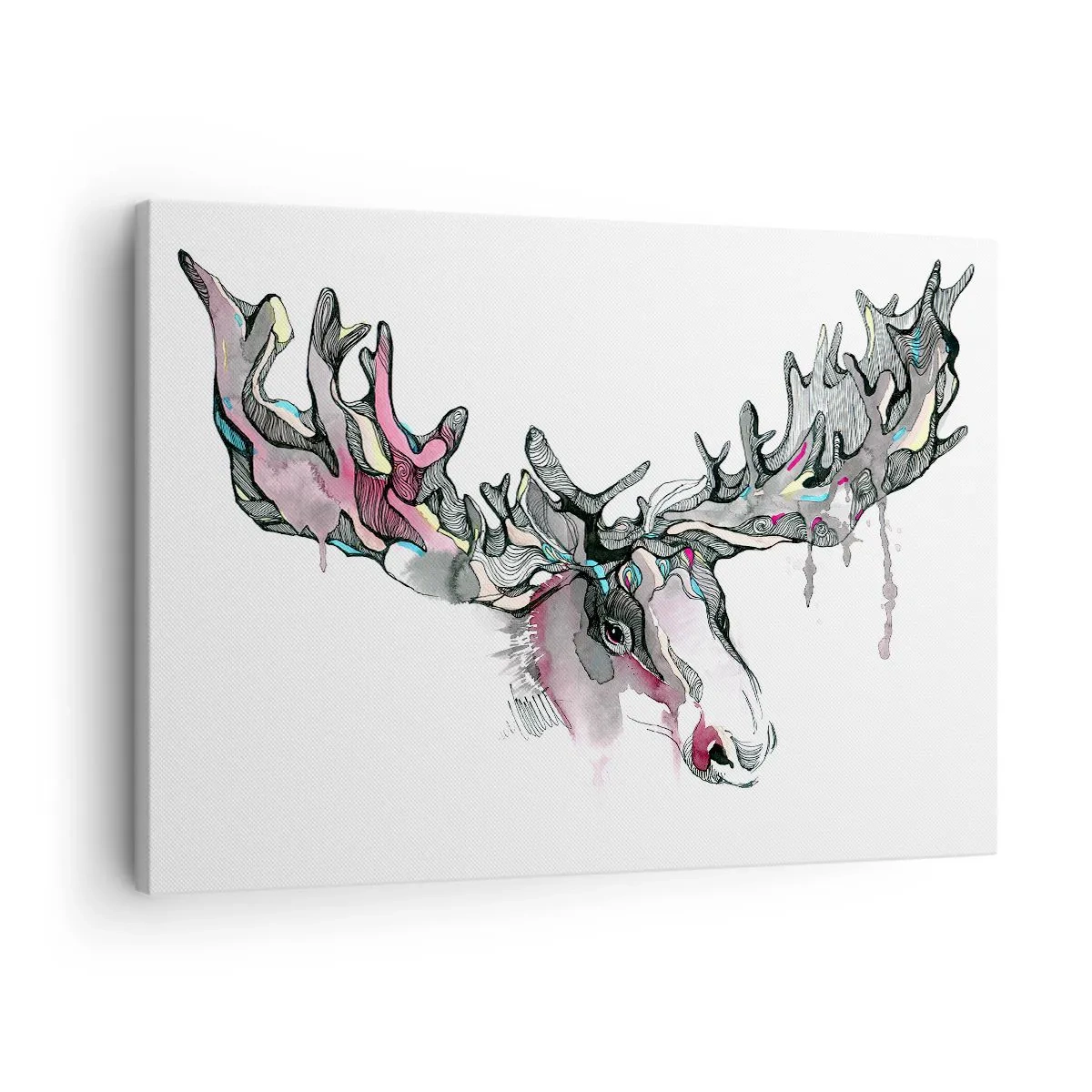 Lærredstryk - Billede på lærred - Kunstnerisk akvarel af en elg med rige gevirer - 70x50cm - Kronen på skovens konge - Moderne vægdekoration til stue og soveværelse ARTTOR