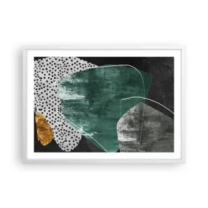 Plakat i hvid ramme - Farverig abstraktion med en guldflager - 70x50 cm