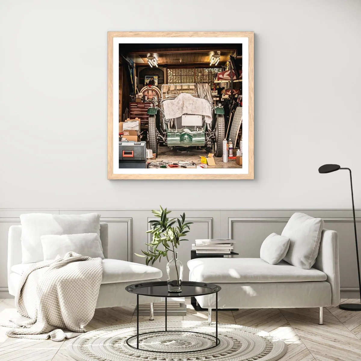 Plakat i ramme af lyst egetræ - Tilbage til fortiden - 30x30 cm