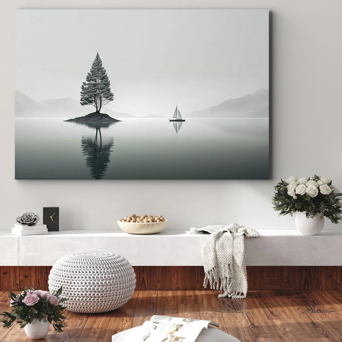 Lærredstryk - Billede på lærred - Et minimalistisk landskab med et træ på en ø og en sejlbåd. - 70x50cm - En drøm - Moderne vægdekoration til stue og soveværelse ARTTOR