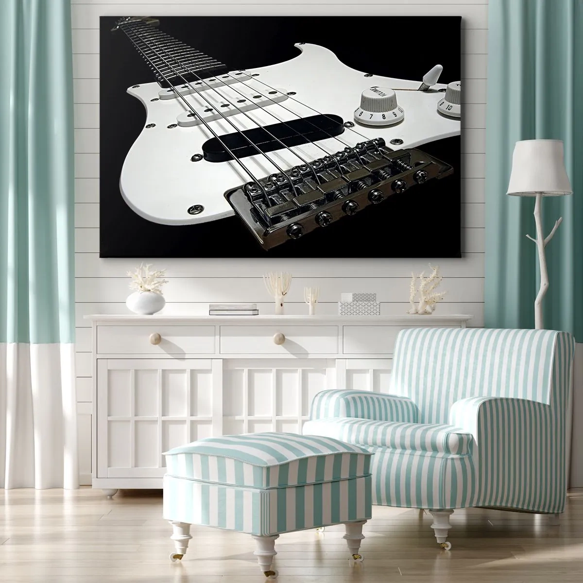 Lærredstryk - Billede på lærred - Nærbillede af en hvid elektrisk guitar på en sort baggrund. - 70x50cm - Lyd skjult i hvidt - Moderne vægdekoration til stue og soveværelse ARTTOR