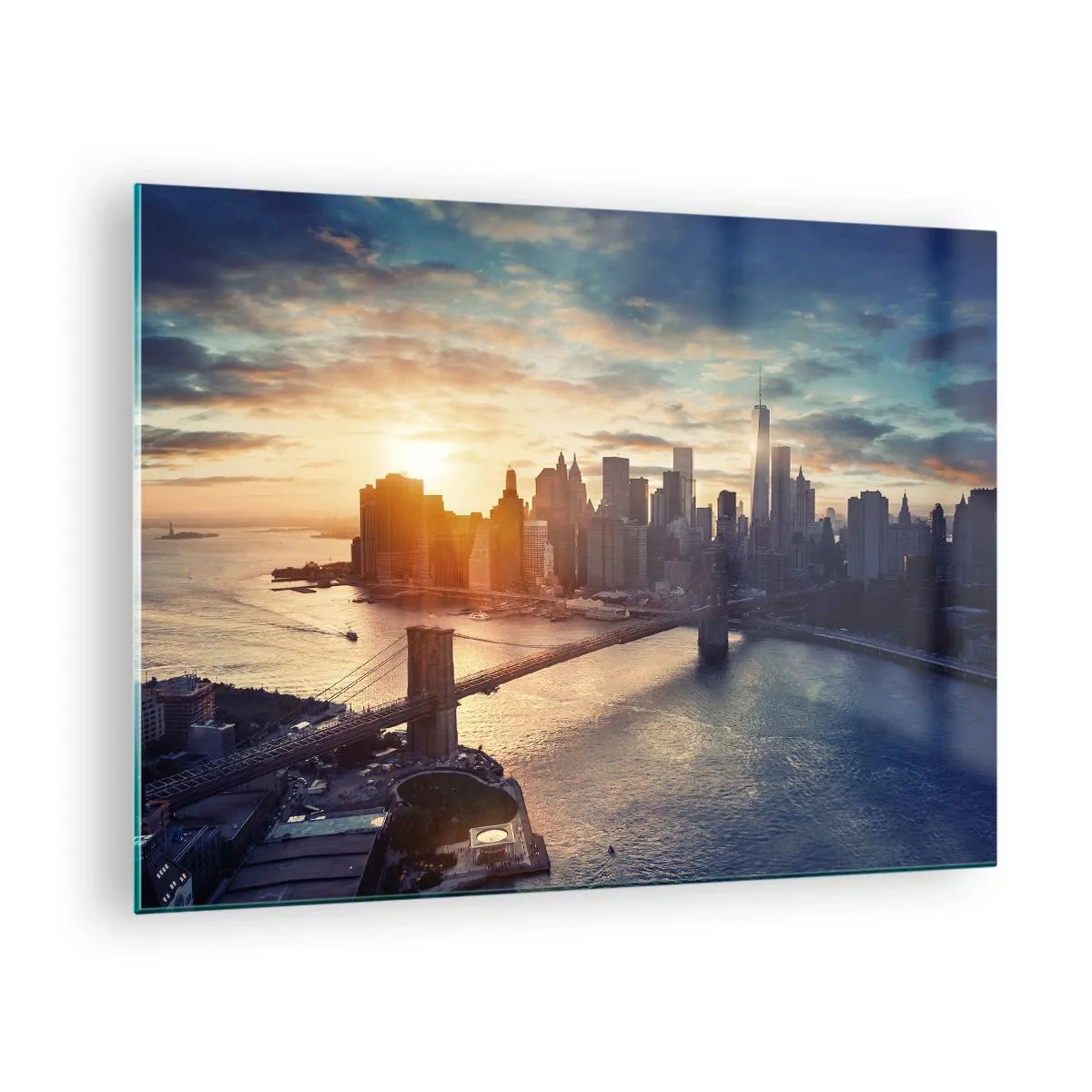 Billede på glas - Udsigt over byen ved solnedgang med broen i forgrunden - 70x50cm - Et monument til vestlig kultur - Moderne vægdekoration til stue og soveværelse ARTTOR