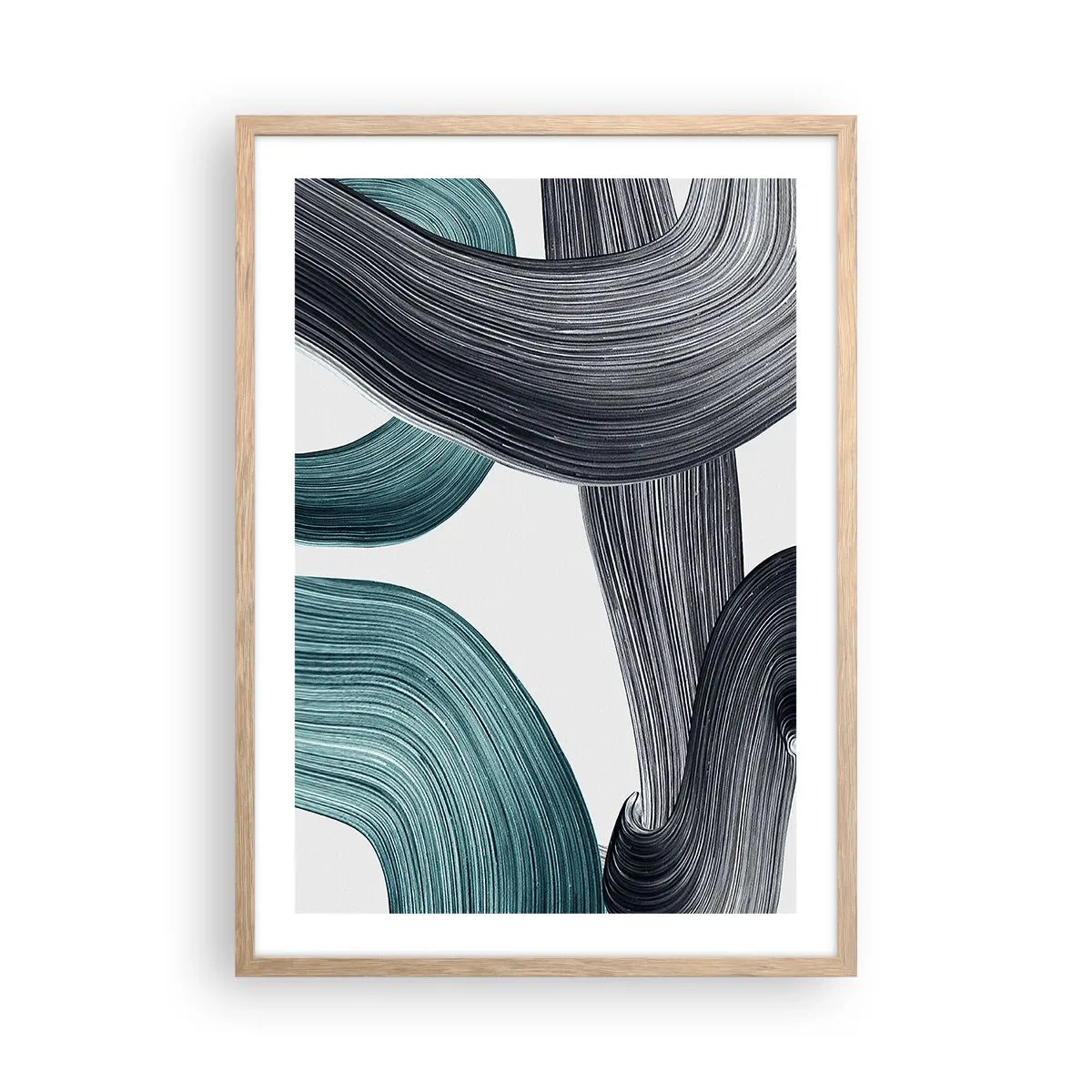 Plakat i ramme af lyst egetræ - Smaragdgrønne og sorte stier - 50x70 cm