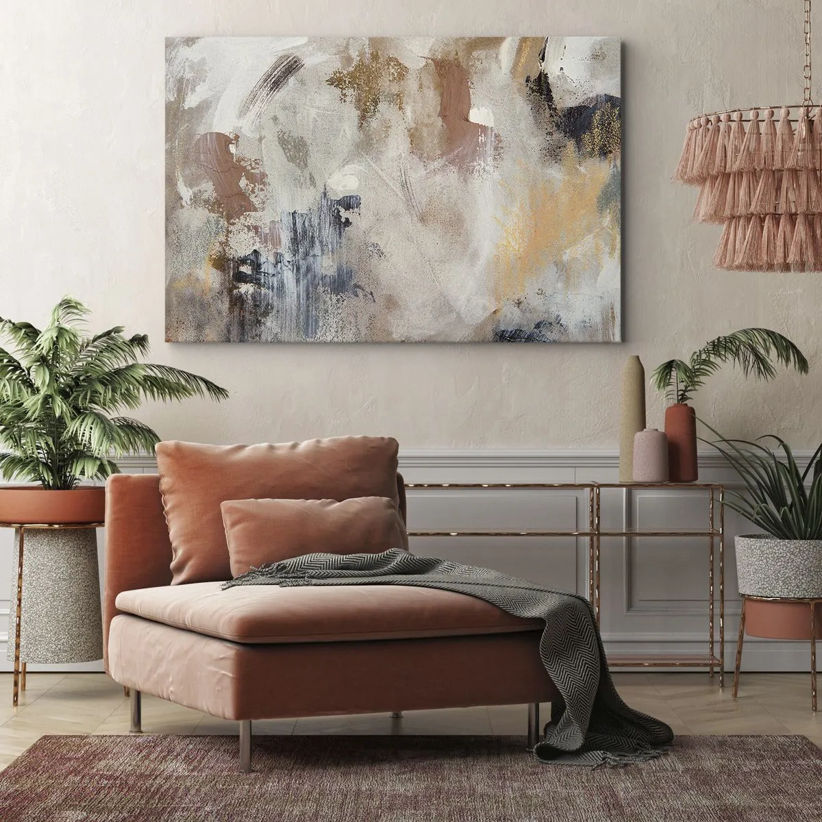 Lærredstryk - Billede på lærred - Abstrakte pletter i dæmpede nuancer af beige og guld - 70x50cm - Tågeagtig abstraktion - Moderne vægdekoration til stue og soveværelse ARTTOR