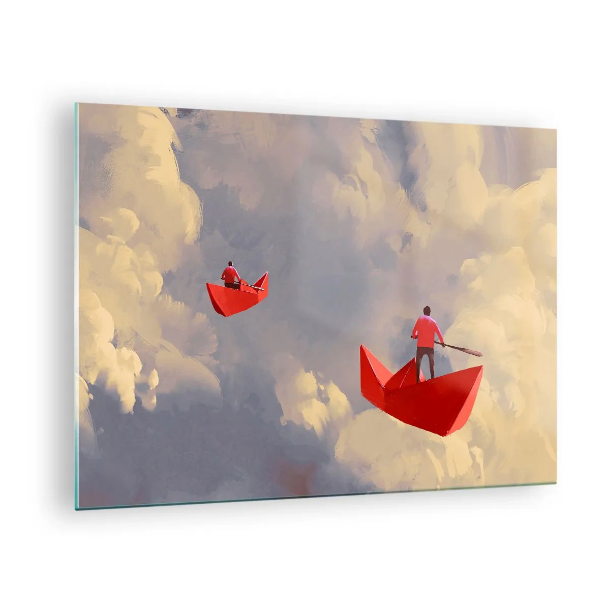 Billede på glas - To personer i røde både mod en overskyet himmel - 70x50cm - Drømmernes ekspedition - Moderne vægdekoration til stue og soveværelse ARTTOR