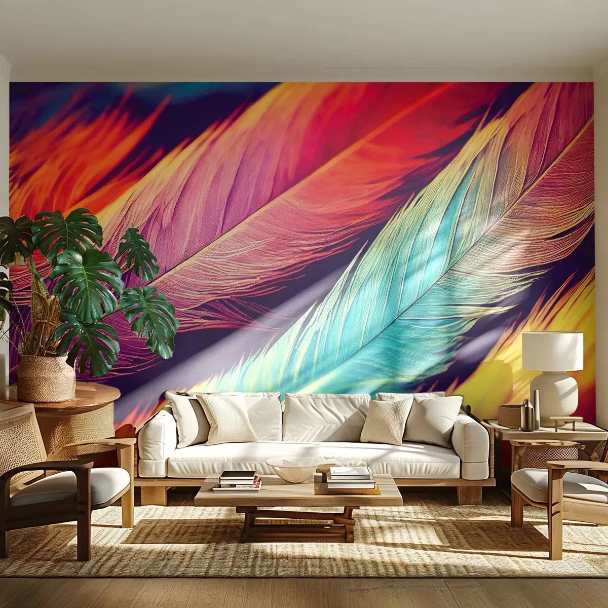 Fototapet Premium Canvas - Fjeragtig regnbue - Fjer, Lys, Farverig - 200x140 cm
