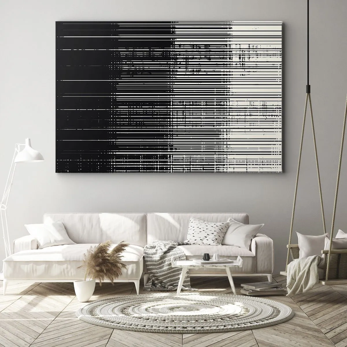 Lærredstryk - Billede på lærred - Abstrakt komposition af linjer i kontrasterende sort og hvid - 70x50cm - Bølger og vibrationer - Moderne vægdekoration til stue og soveværelse ARTTOR