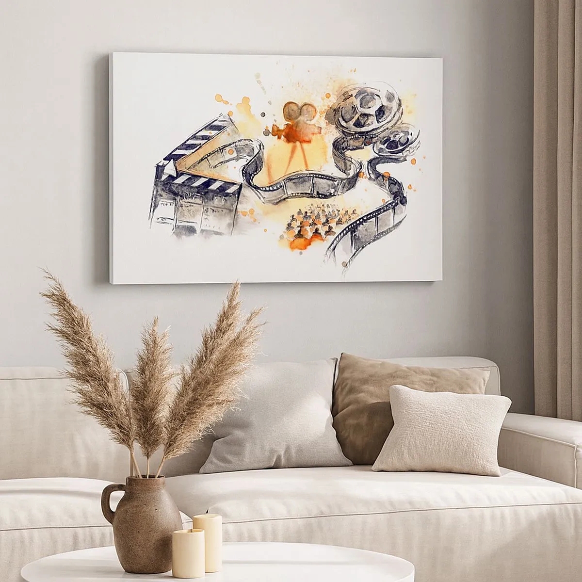 Lærredstryk - Billede på lærred - Filmens symbolik med en filmstrimmel i en kunstnerisk akvarel - 70x50cm - I drømmeland - Moderne vægdekoration til stue og soveværelse ARTTOR