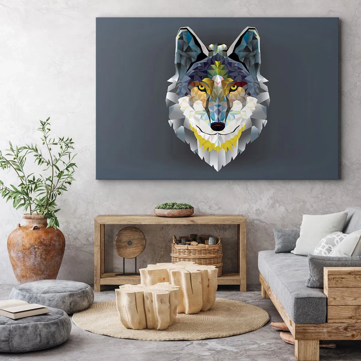 Lærredstryk - Billede på lærred - Geometrisk billede af en ulv på en grå baggrund - 70x50cm - Når vi taler om ulven - Moderne vægdekoration til stue og soveværelse ARTTOR