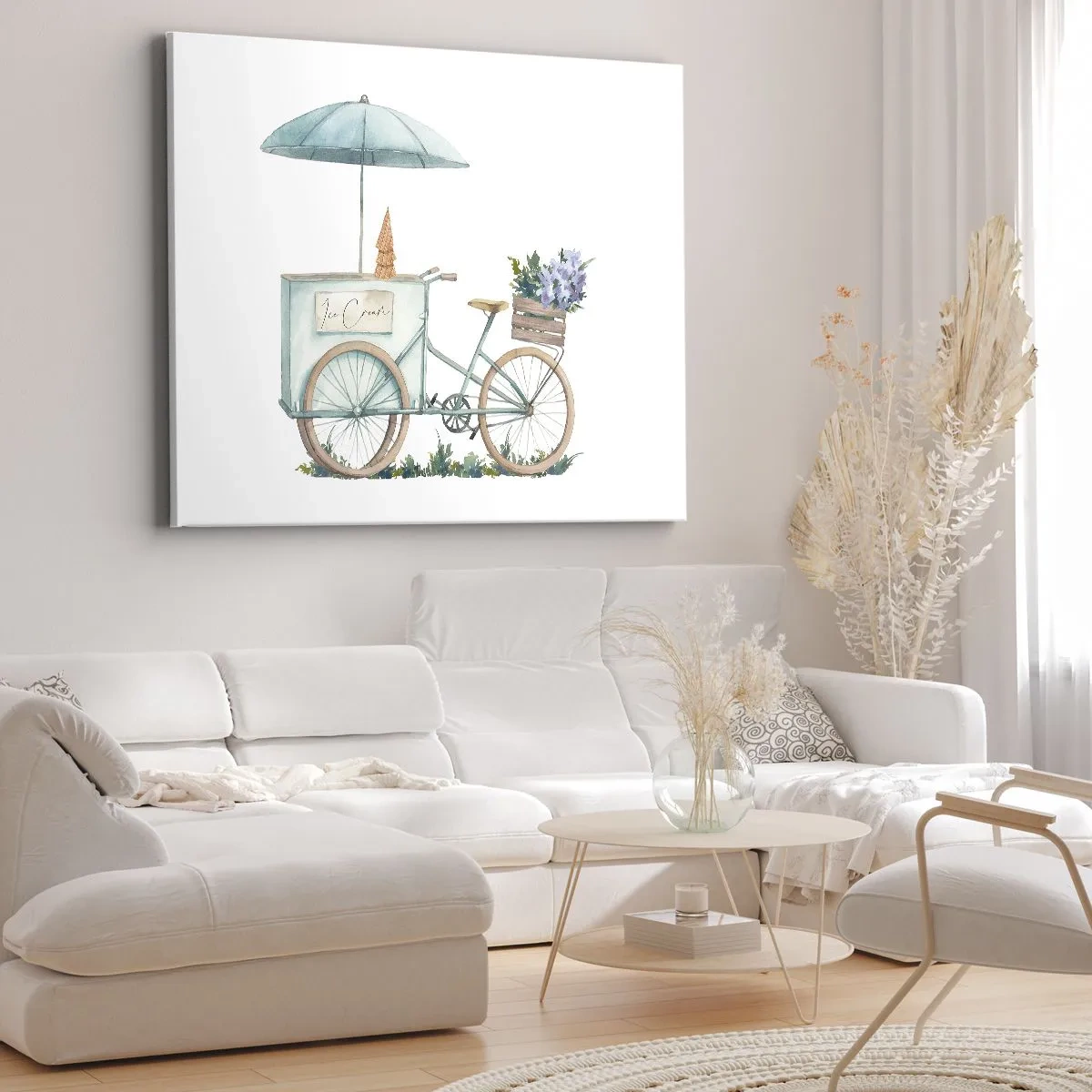 Lærredstryk - Billede på lærred - En cykel med is og blomster under en paraply i sarte pastelfarver - 70x50cm - Sødt minde om sommeren - Moderne vægdekoration til stue og soveværelse ARTTOR