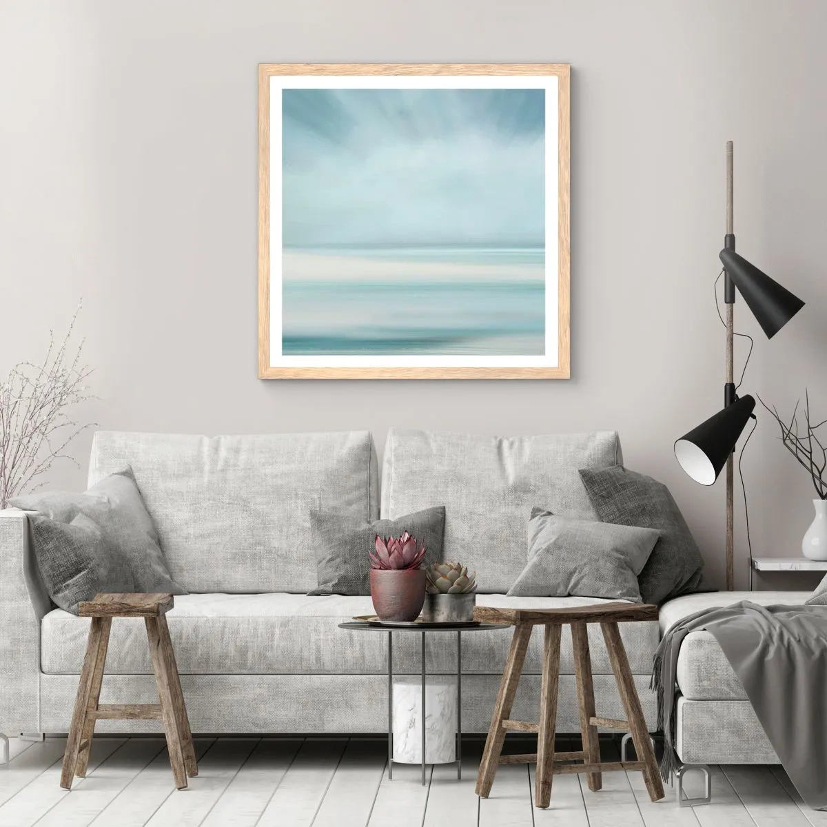 Plakat i ramme af lyst egetræ - Fred hele vejen til horisonten - 50x50 cm