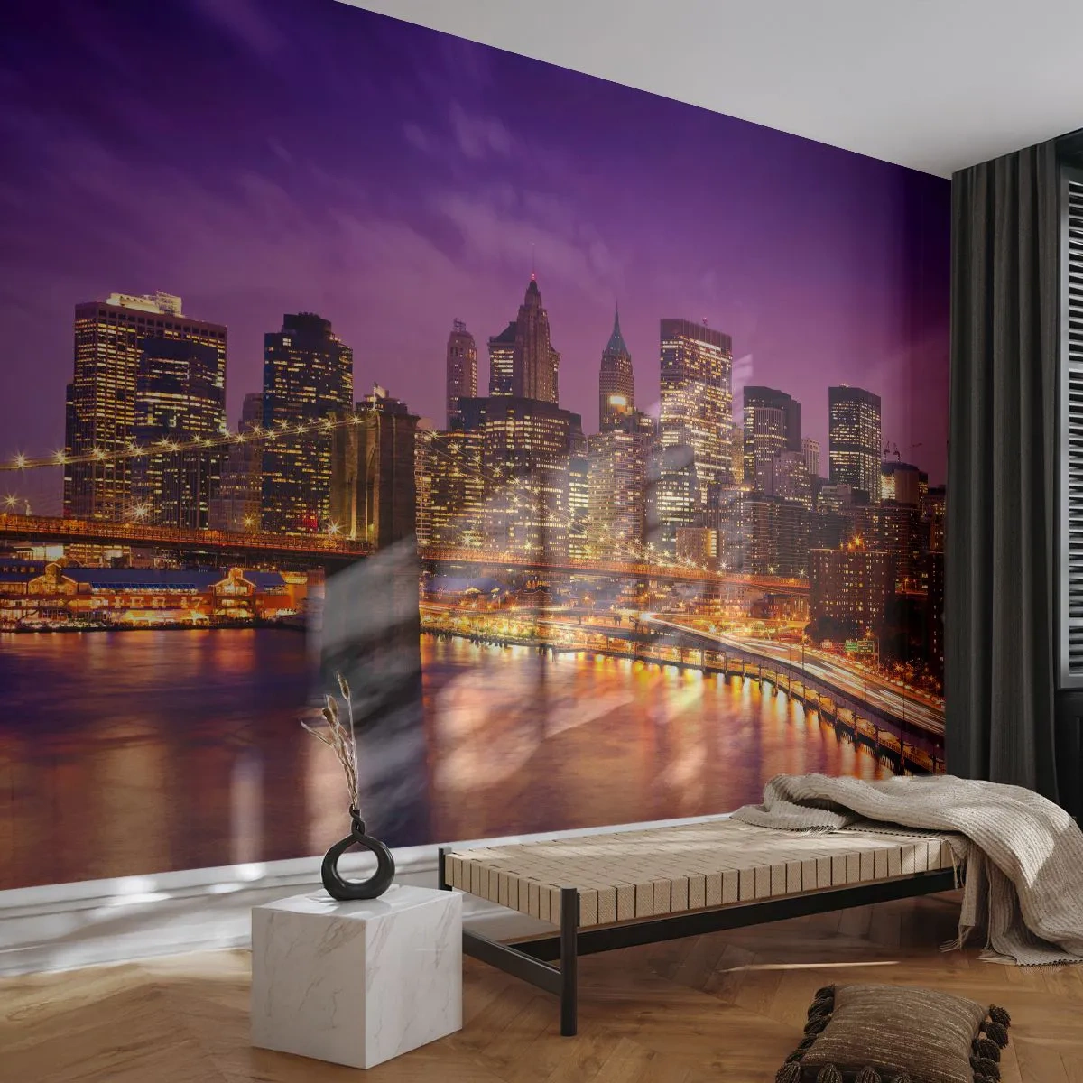 Fototapet Premium Sand - Lilla og gylden Manhattan - By, New York, Arkitektur - 100x70 cm