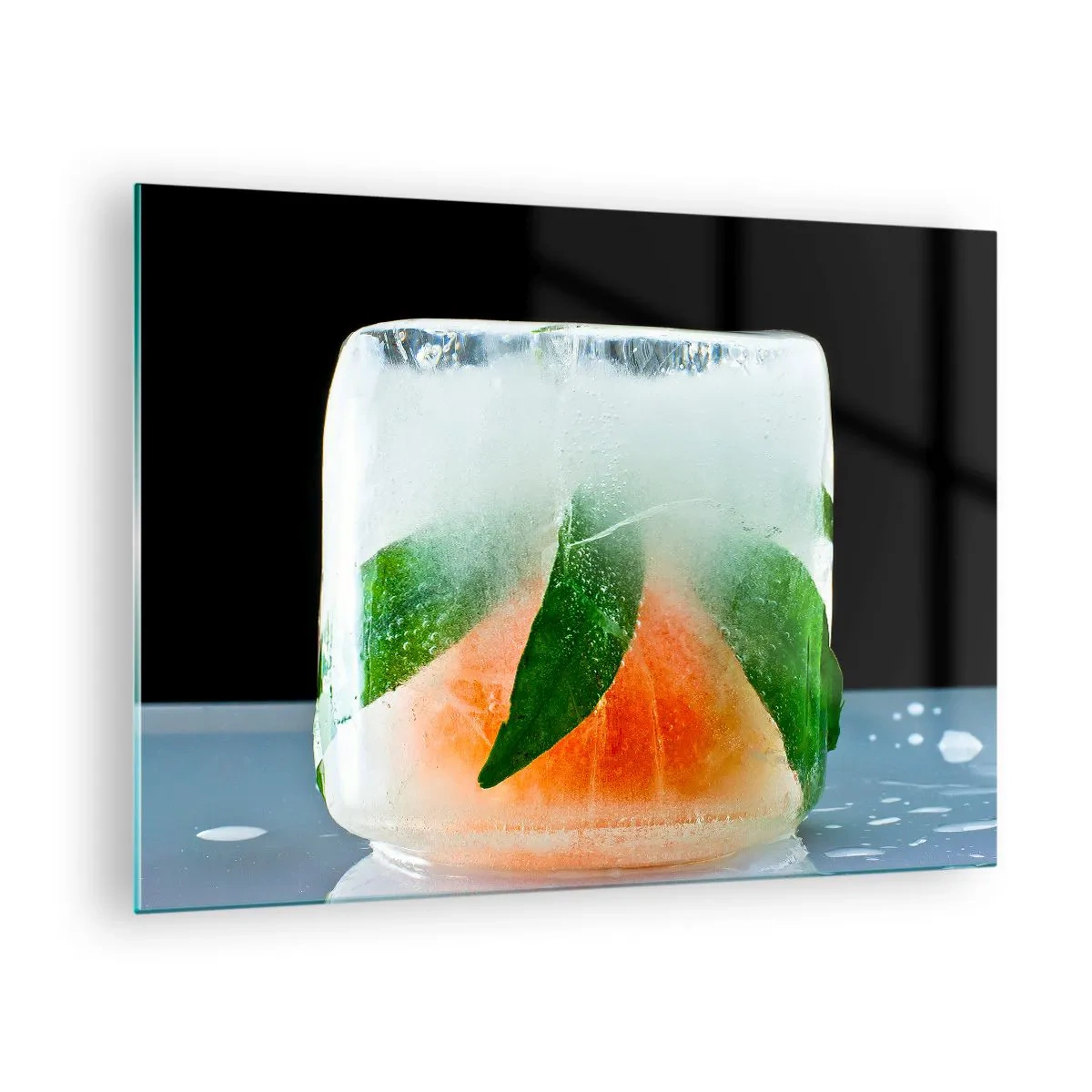 Billede på glas - Frugt og blade frosset i klar is - 70x50cm - Frisk og kølig - Moderne vægdekoration til stue og soveværelse ARTTOR