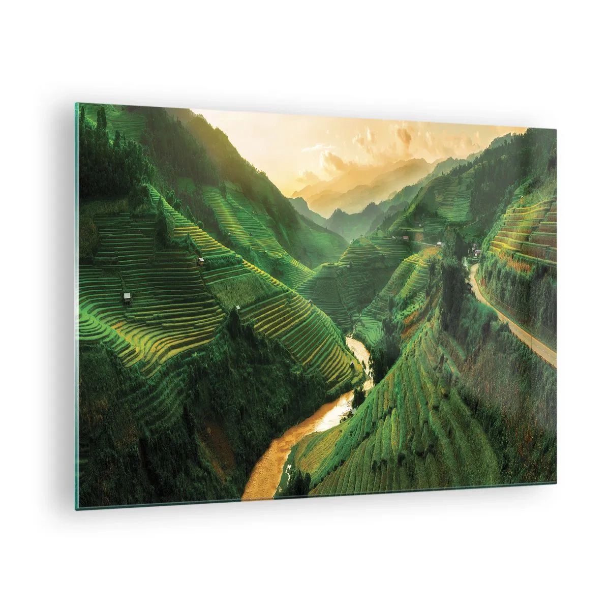 Billede på glas - Maleriske risterrasser i dalen ved solnedgang - 70x50cm - Vietnamesisk dal - Moderne vægdekoration til stue og soveværelse ARTTOR