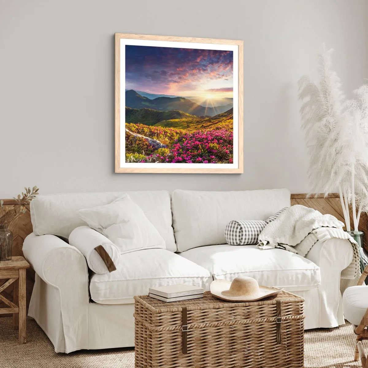 Plakat i ramme af lyst egetræ - Friskheden af en morgen i bjergene - 40x40 cm