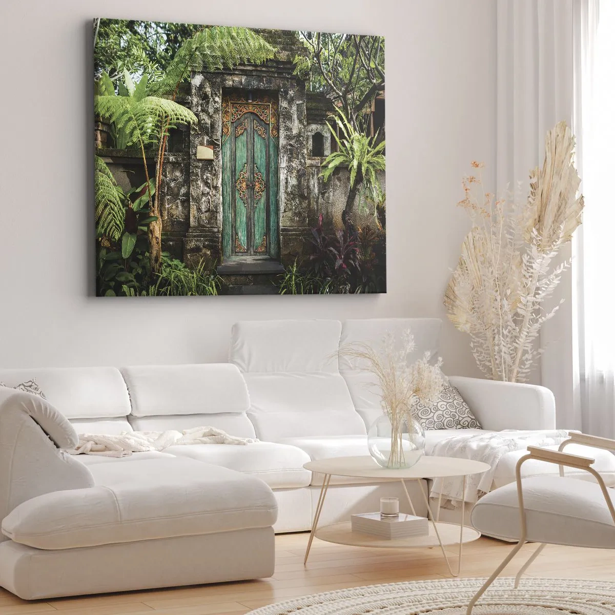 Lærredstryk - Billede på lærred - Dekorative døre omgivet af tropisk vegetation - 70x50cm - En dør til en eksotisk verden - Moderne vægdekoration til stue og soveværelse ARTTOR