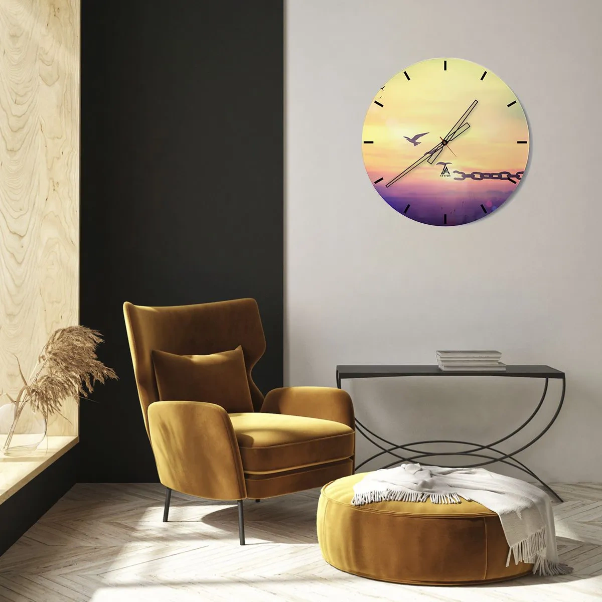 Vægur, Uret - Fugle i baggrunden af en solnedgang med en brudt kæde - 30x30cm - Sejr for frihed - Moderne vægdekoration til stue, køkken og soveværelse ARTTOR