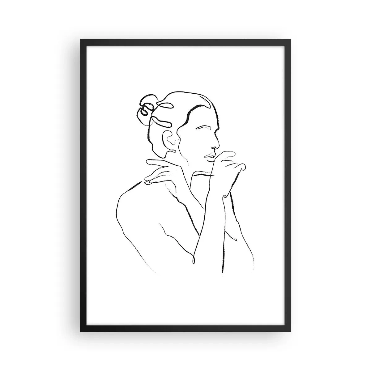Plakat i sort ramme - Minimalistisk linje af en kvindelig silhuet på en hvid baggrund - 50x70cm - Nøgen: et sensuelt mysterium - Moderne vægdekoration til stue og soveværelse ARTTOR