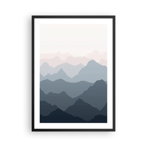 Plakat i sort ramme - Lagdelte bjergkæder i nuancer af blå og grå - 50x70cm - Bølger af bjerge - Moderne vægdekoration til stue og soveværelse ARTTOR